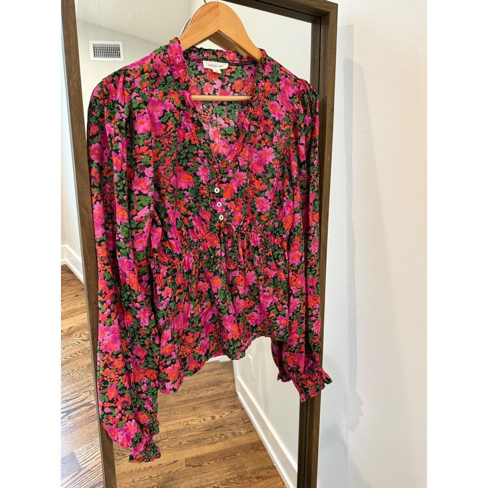 August Sky Floral Smocked Peplum Blouse Ruffle Cuff Pink Green Anthropologie M